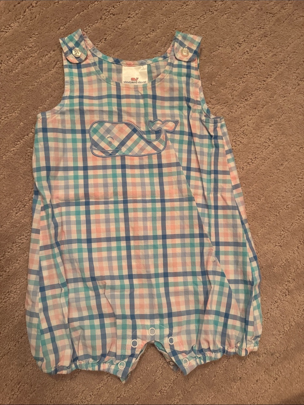 Vineyard Vines Boys Plaid Whale Romper - Light Blue, Pink, White
